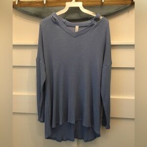 My Story Waffle Knit V-Neck Tunic Long Sleeve Top - Blue
